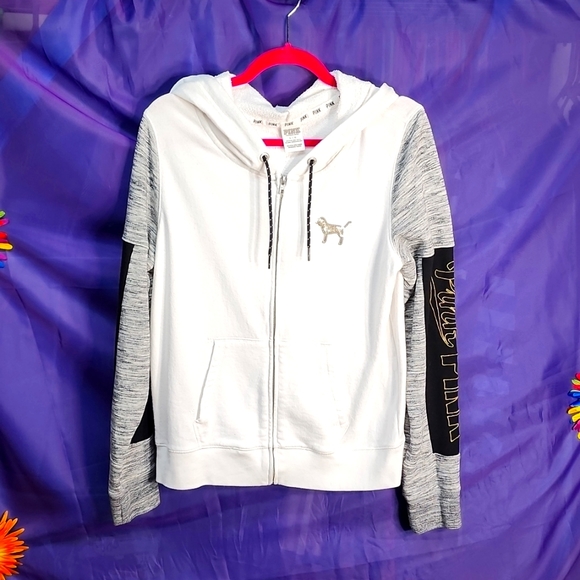 VS PINK - White and Gray Bling Hoodie with Metallic Detailing - Size Large - Picture 2 of 13